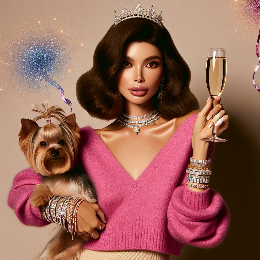 1) Birthday AI Generated Card - Lady, Shoulder length dark brown hair, V neck pink jumper , Lots of silver bracelets , Yorkshire terrier dog, and Glass of champagne  (0fd64)