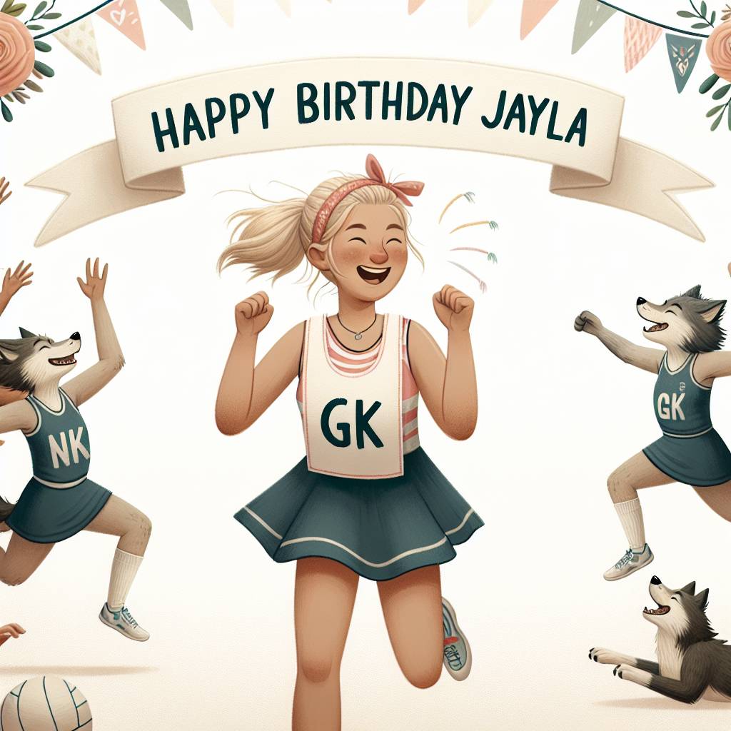 2) Birthday AI Generated Card - White blonde female netball player wearing a bib that says 'GK' celebrates her birthday, Netball female team in the background who look like wolves having a party, and Banner that says 'Happy Birthday Jayla' (a5e0e)