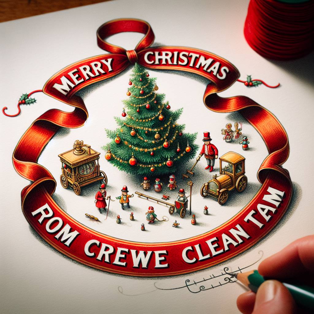 1) Christmas AI Generated Card - Victorian Christmas Tree, Toys, and "Merry Christmas from Crewe Clean Team" written on a red ribbon (95713)})