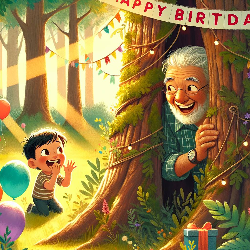 1) Birthday AI Generated Card - Grandpa playing peekaboo in the woods with little boy (7cb78)