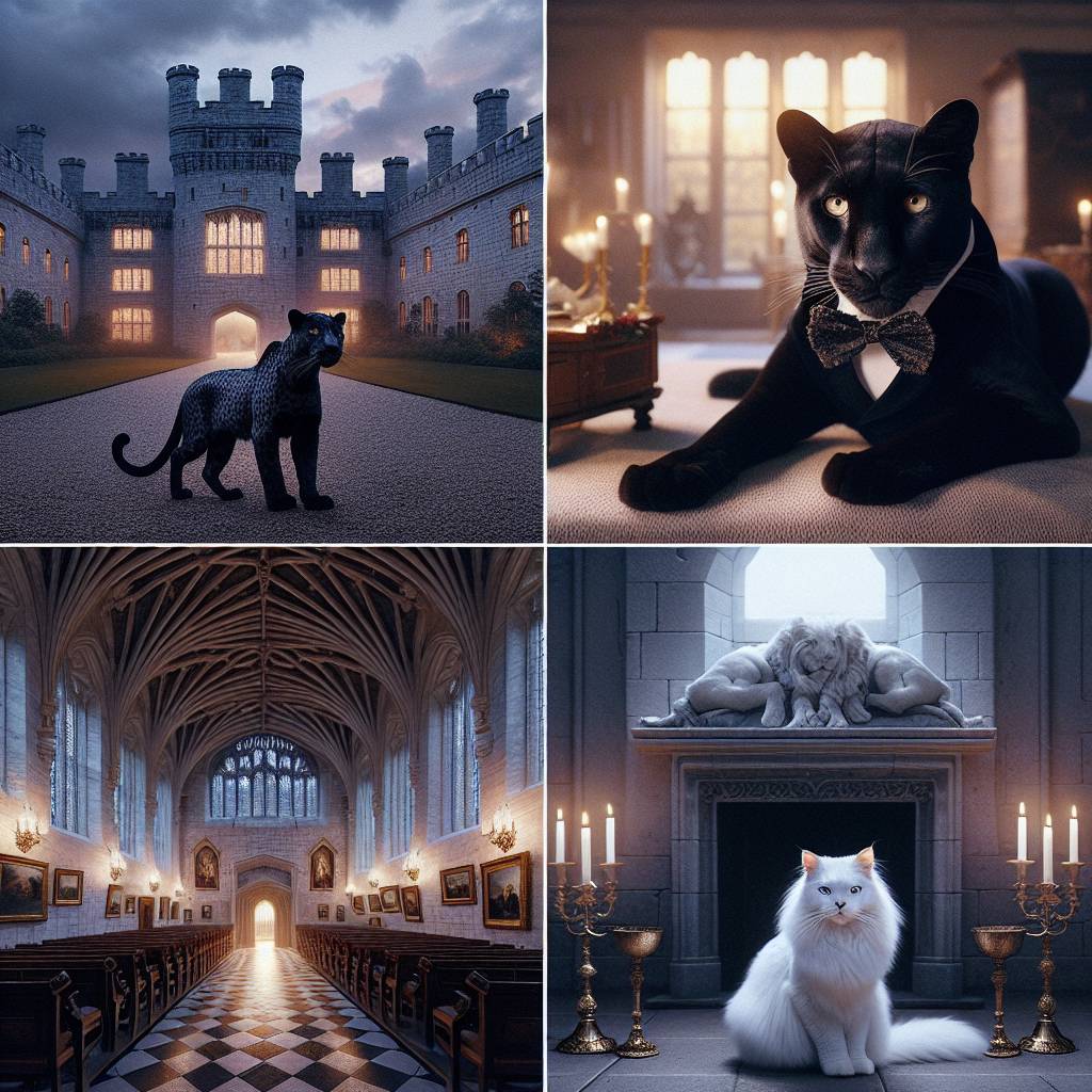 1) Anniversary AI Generated Card - Black leopard, Snow leopard, Turkish angora cat, and Castle (bee14)