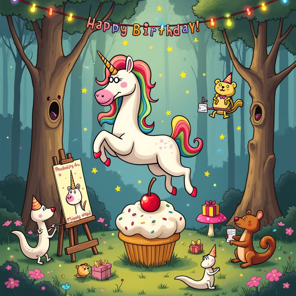 2) Birthday AI Generated Card - Unicorn, Snakes, Squish mellows, and Drawing (b1138)