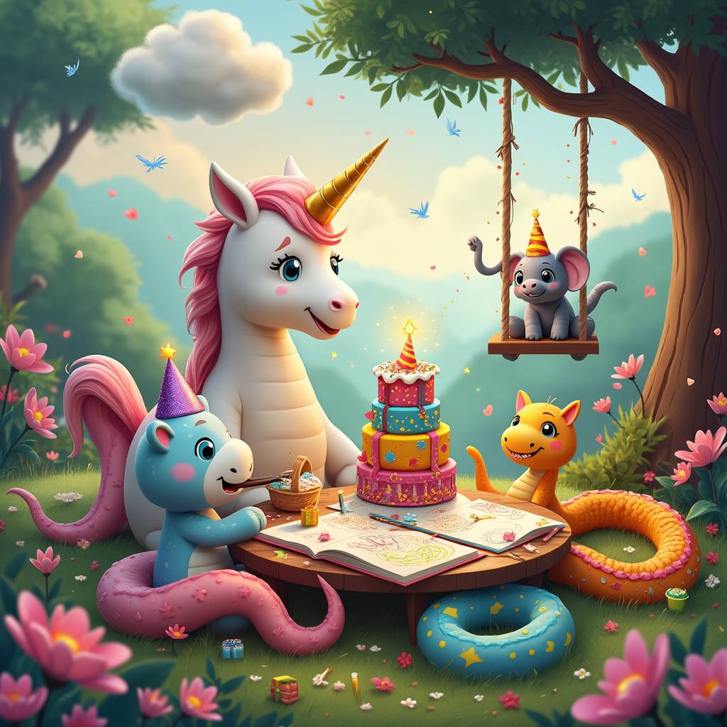 1) Birthday AI Generated Card - Unicorn, Snakes, Squish mellows, and Drawing (c7c65)