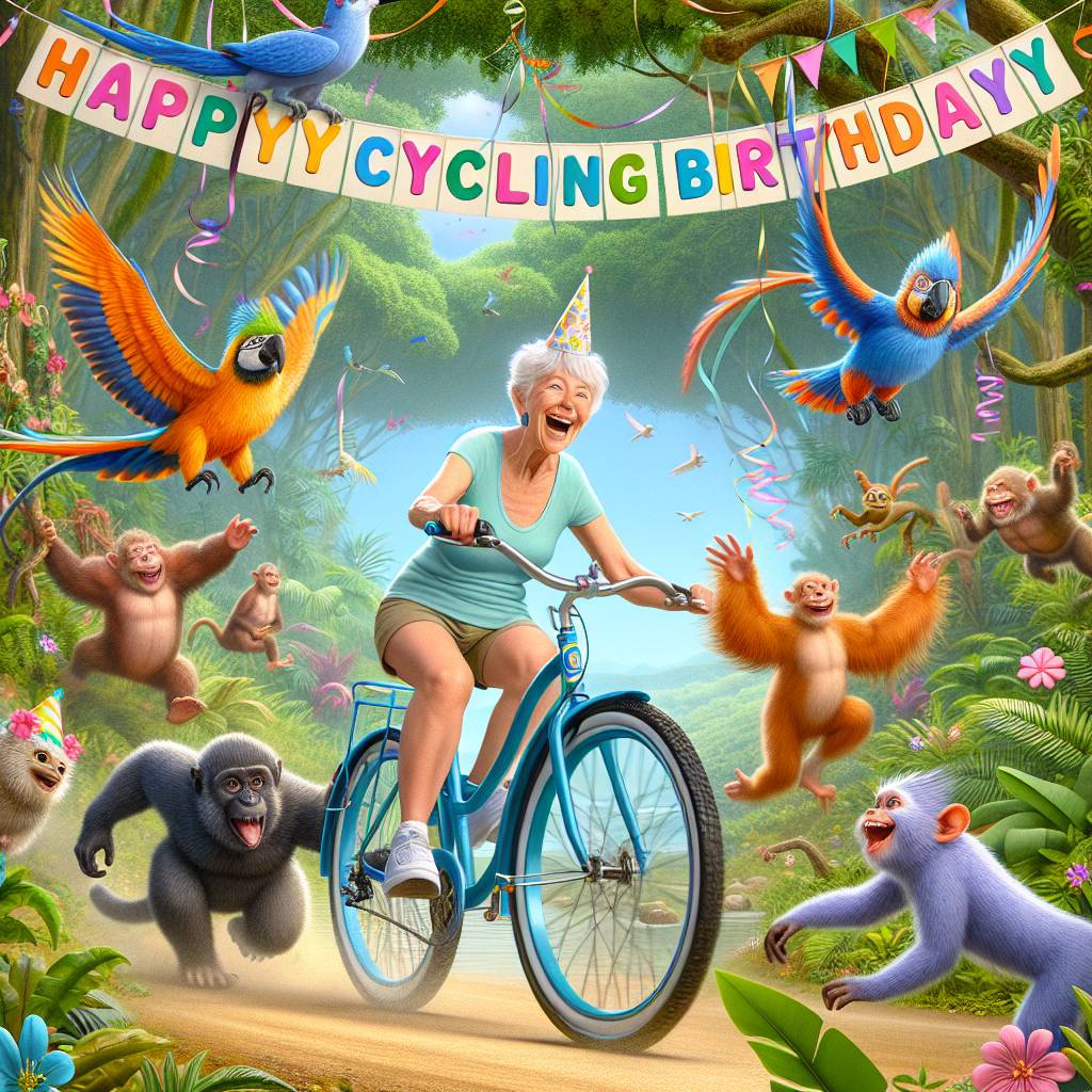 3) Birthday AI Generated Card - My 65 year old mum Cycling across South America with a big blue bike called Surly (29252)