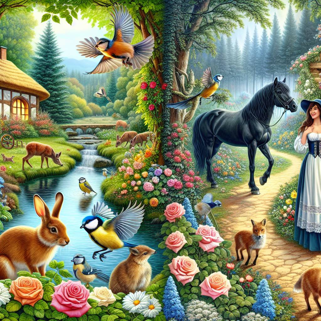 1) Easter AI Generated Card - A beautiful garden with baby rabbits, deer, fox and blue tits , a beautiful woman stands with a black horse at the side of a crystal clear stream, Ethereal scene like a fairy tale with a beautiful cosy cottage in the background, Roses grow all around, and A path leading off into the woods (e395b)