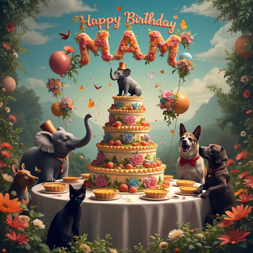 2) Birthday AI Generated Card - Black cat, Baked potatoes , Elephants, Flowers, Dogs, Cake, and Quiche  (044f0)