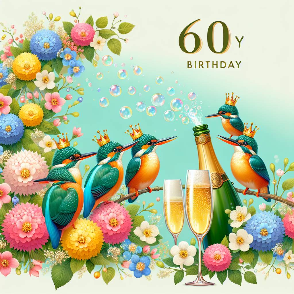 2) Birthday AI Generated Card - 60, Kingfishers, Spring rloers, and Champagne  (33236)