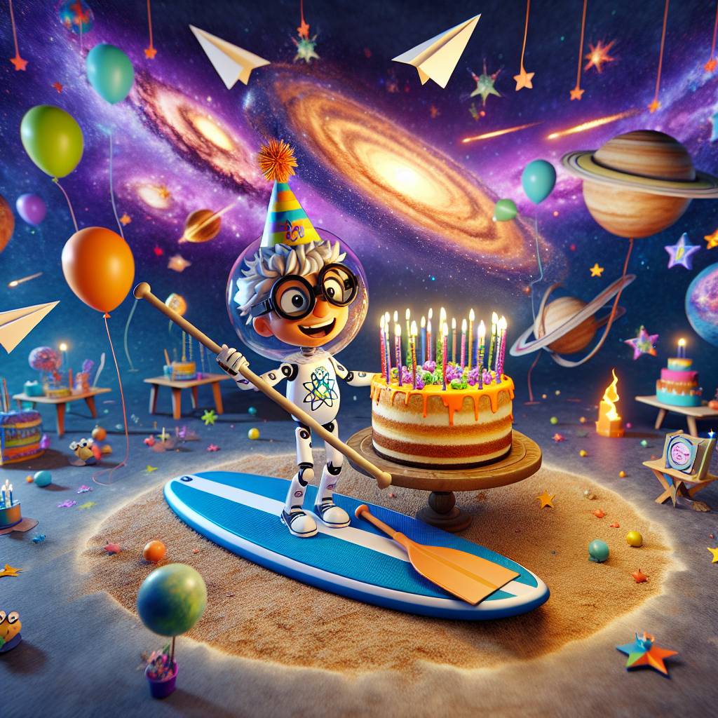 2) Birthday AI Generated Card - Physics, Paddleboarding, Cheesecake, Space, and Flying (595c9)