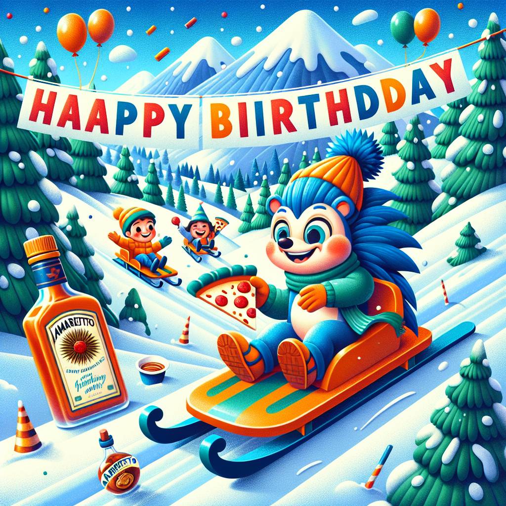 1) Birthday AI Generated Card - Luge, Mountains, Winter, Pizza, Amaretto, and Sonic the hedgehog (a305a)