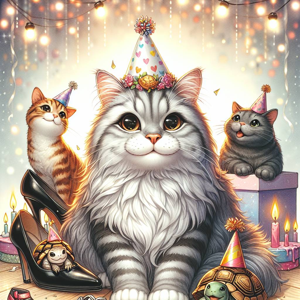 2) Birthday AI Generated Card - Grey tabby cat, Ginger cat, Black cat , White cat , High heel shoes , Turtles , and Sparkles (2e225)