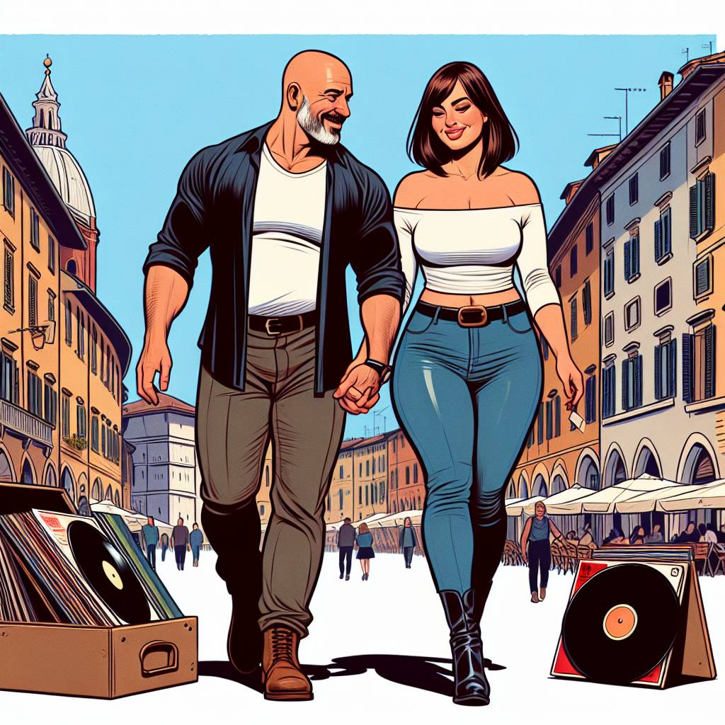 1) Valentines-day AI Generated Card - White middle aged couple. man with bald head, athletic. chubby lady with brunette shoulder length hair wearing jeans and boots, Walking, Italy, Buying vinyl records, and Love (02ff3)