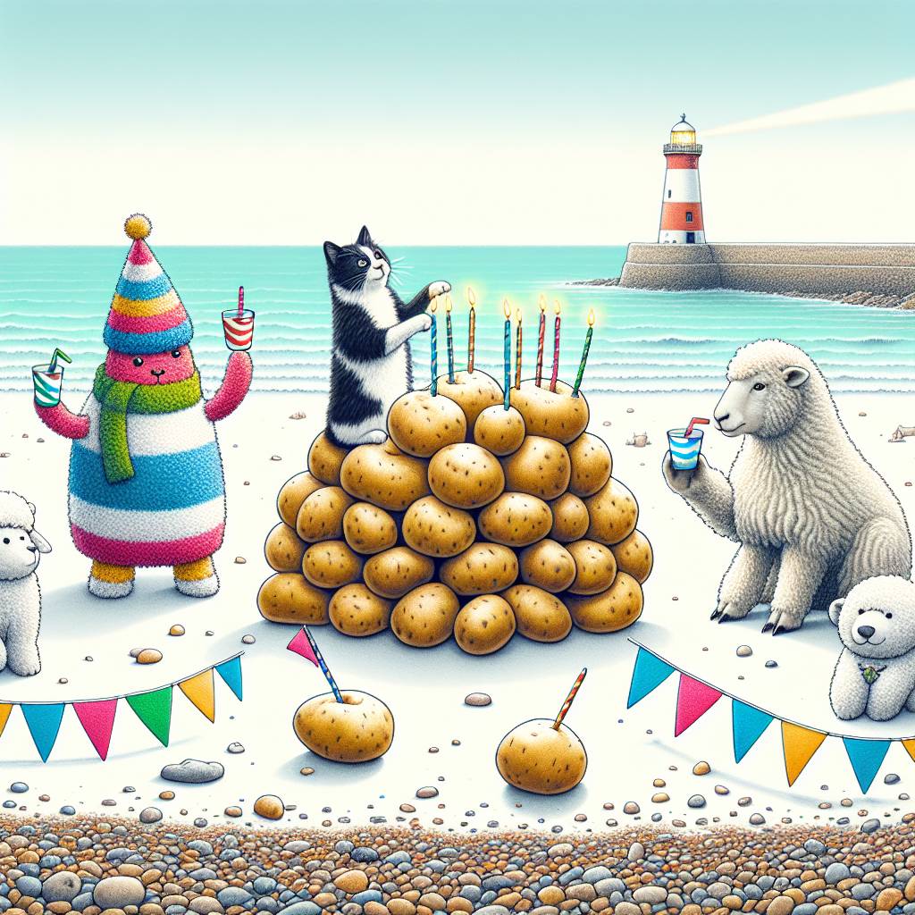 2) Birthday AI Generated Card - Sheep, Polar bear, Black & white cat, English seaside , and Potatoes (6ea73)