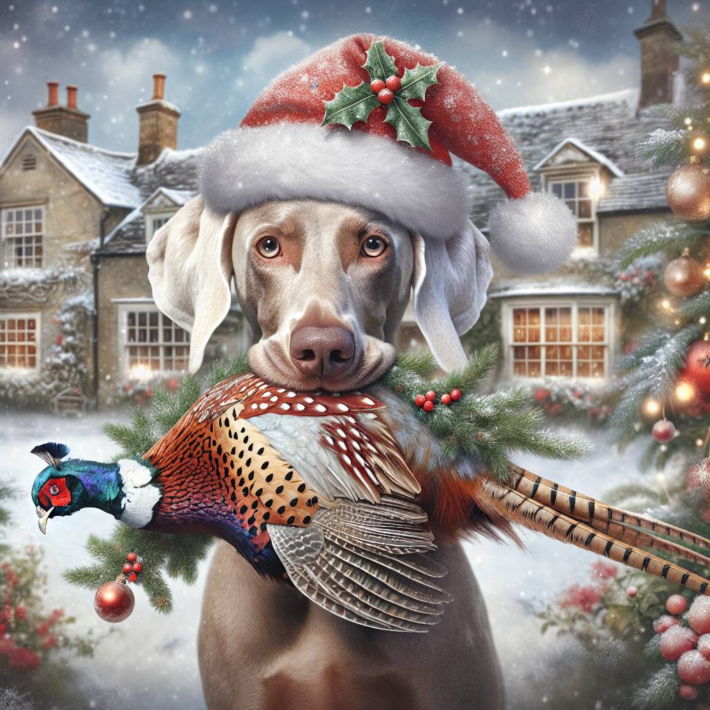 1) Christmas AI Generated Card - Weimaraner bitch with pheasant in Christmas hats on and old English farm  (08866)
