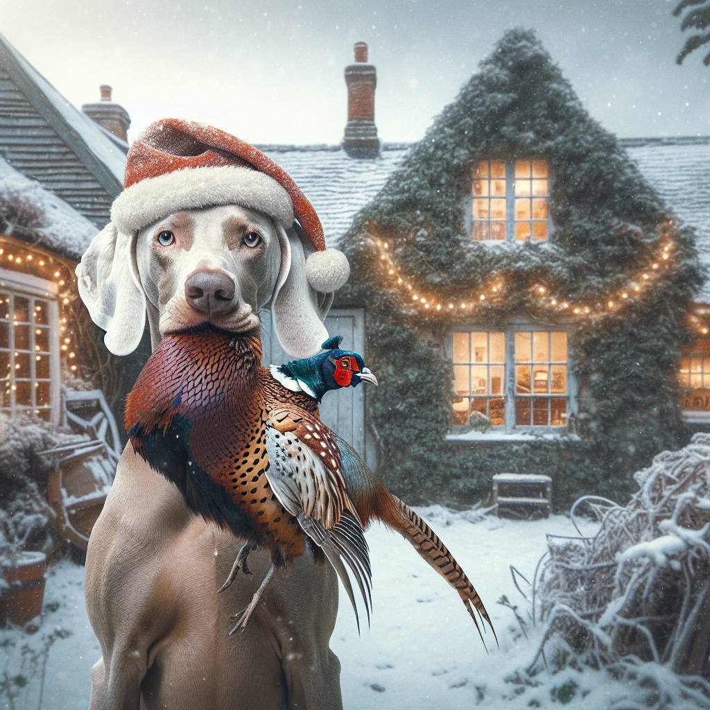 4) Christmas AI Generated Card - Weimaraner bitch with pheasant in Christmas hats on and old English farm  (465ca)