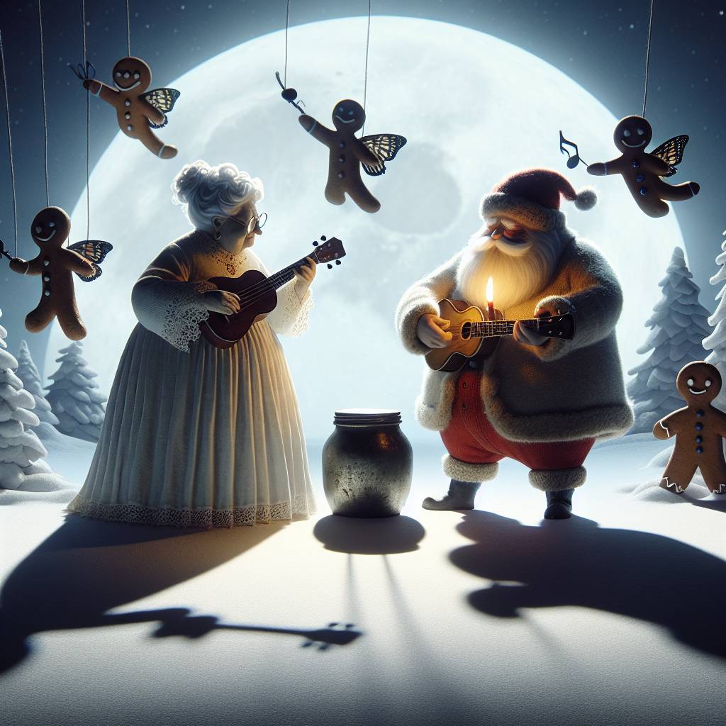 1) Christmas AI Generated Card - Ukulele playing Mrs Clause and Santa with money tin (c6d0c)