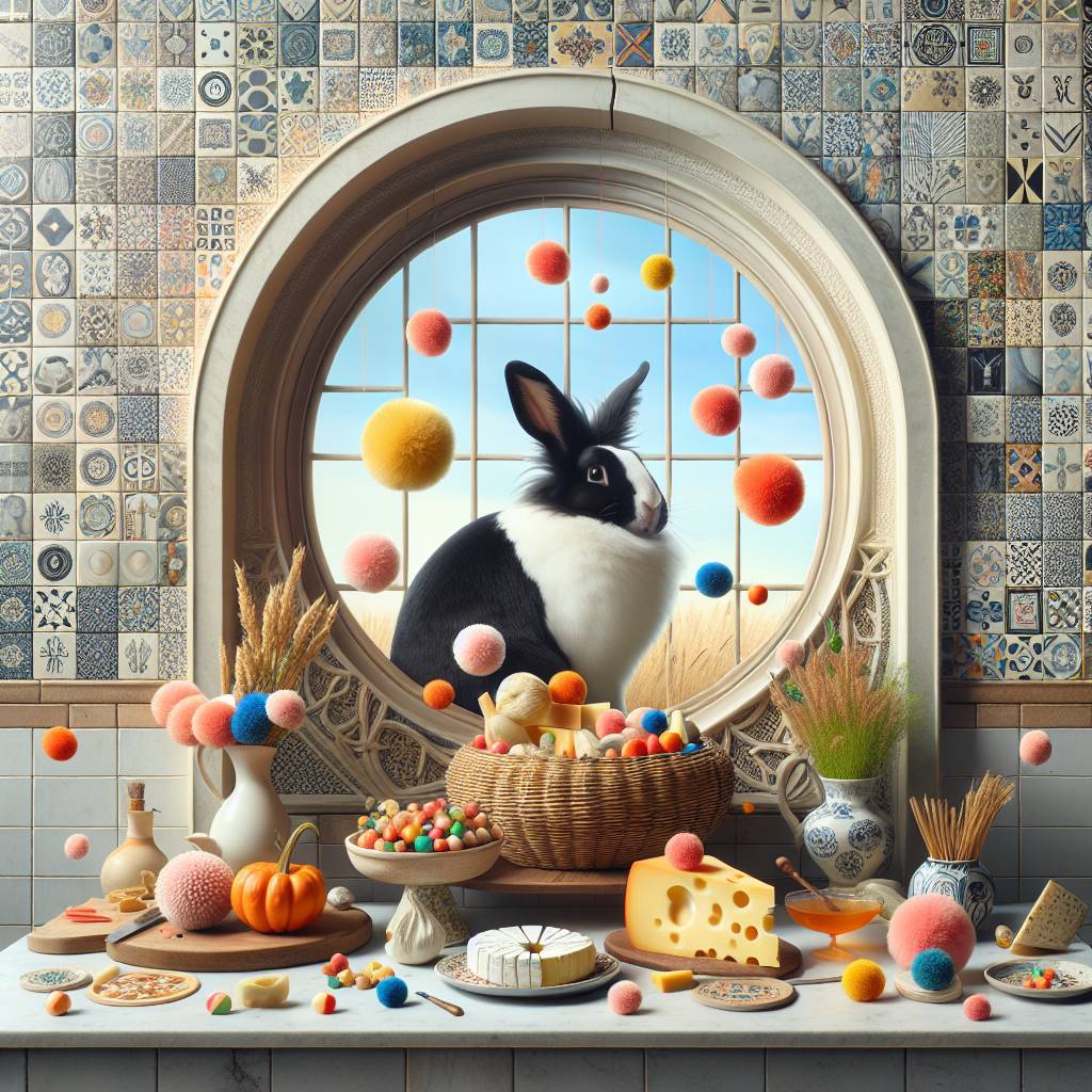 1) Thank-you AI Generated Card - Black and white Dutch rabbit, Colourful pom poms, Bathroom tiles, Arch window , Cheese , and Herbs (03574)
