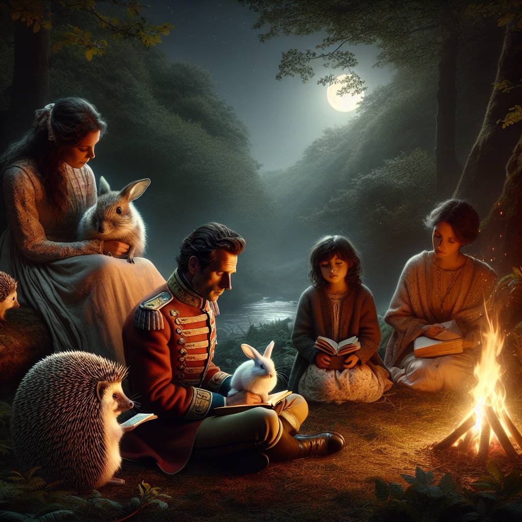 1) Fathers-day AI Generated Card - Hedge hog dresssed as soldier reading, Lady with brown medium length hair, Young girl holding a white rabbit, and Sat around a fire (dfca4)