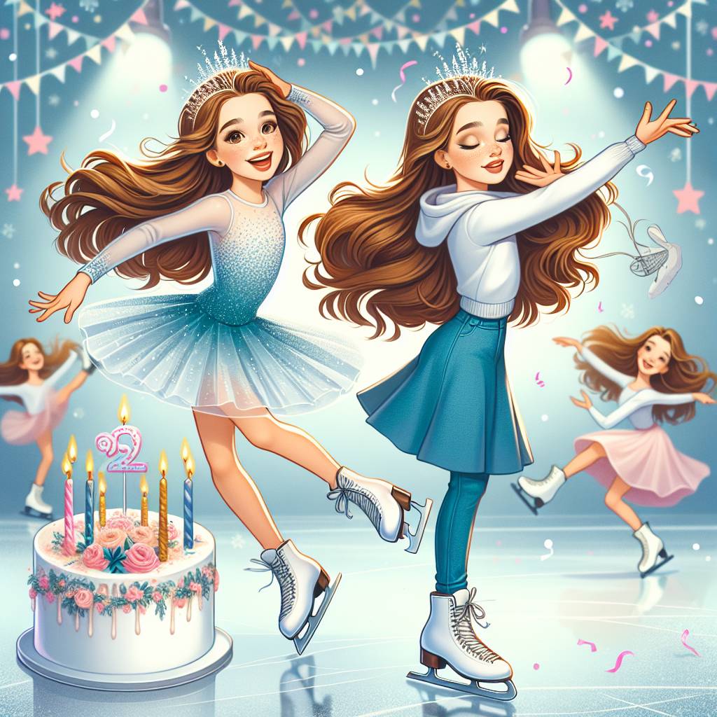 2) Birthday AI Generated Card - Twin girls, Long brown hair, 12 years old, Influencing , One ice-skating , One acting, and Skincare (317dd)