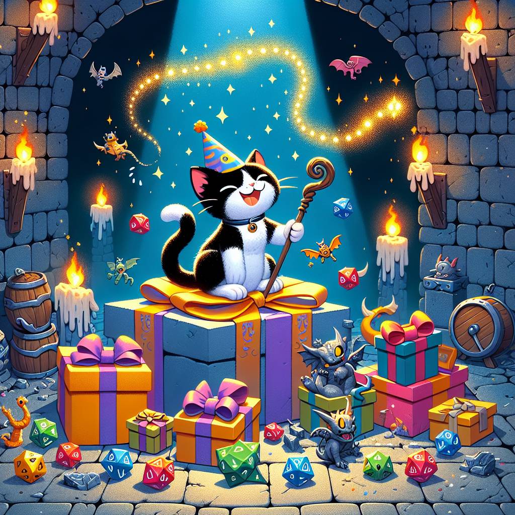 1) Birthday AI Generated Card - Dungeons and dragons, and Black and white cat (6bc72)
