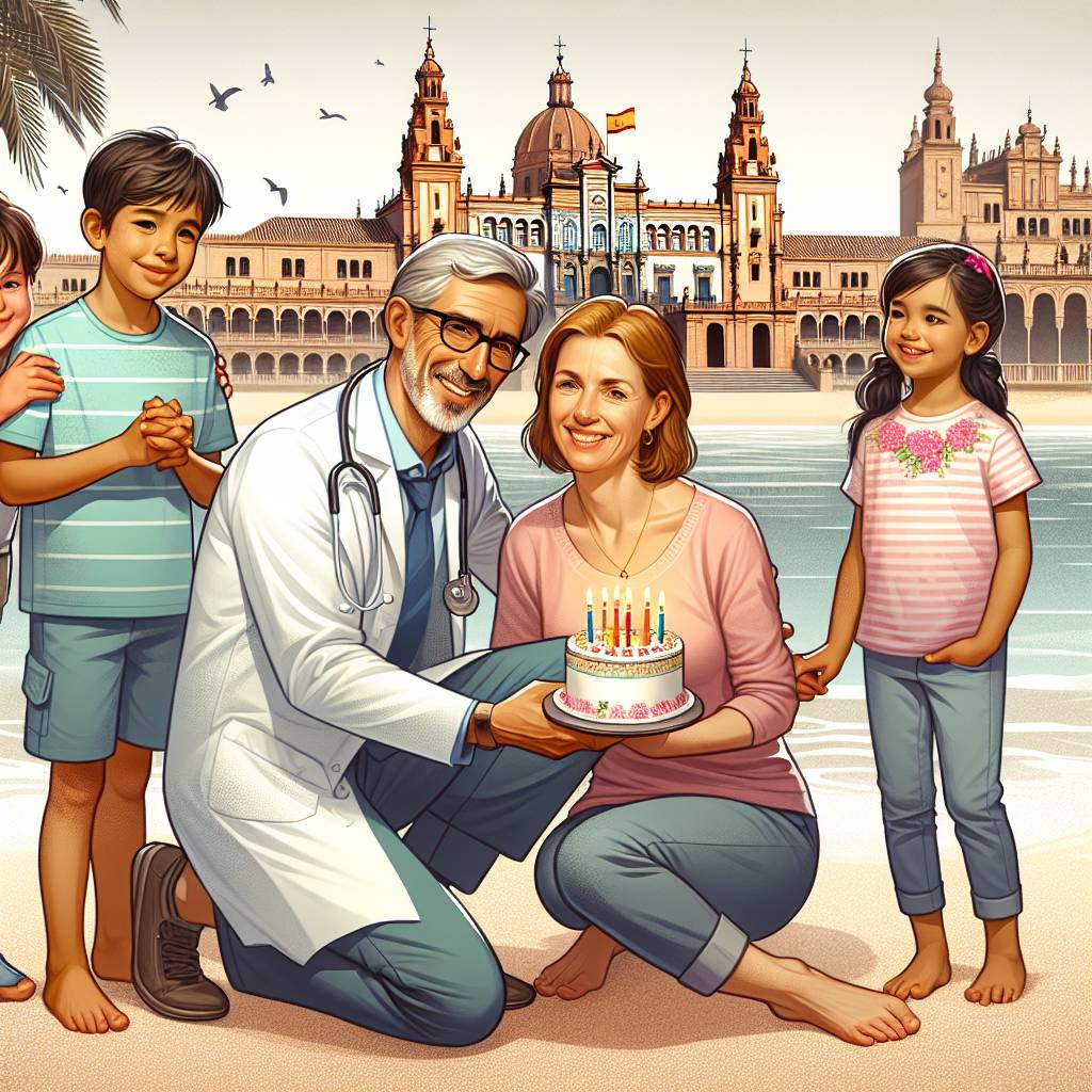 1) Birthday AI Generated Card - White Doctor, Beach, 3 white children, White Wife working as nurse, 1 white grandaugther, Seville, Spain, and Toledo, Spain (a306a)