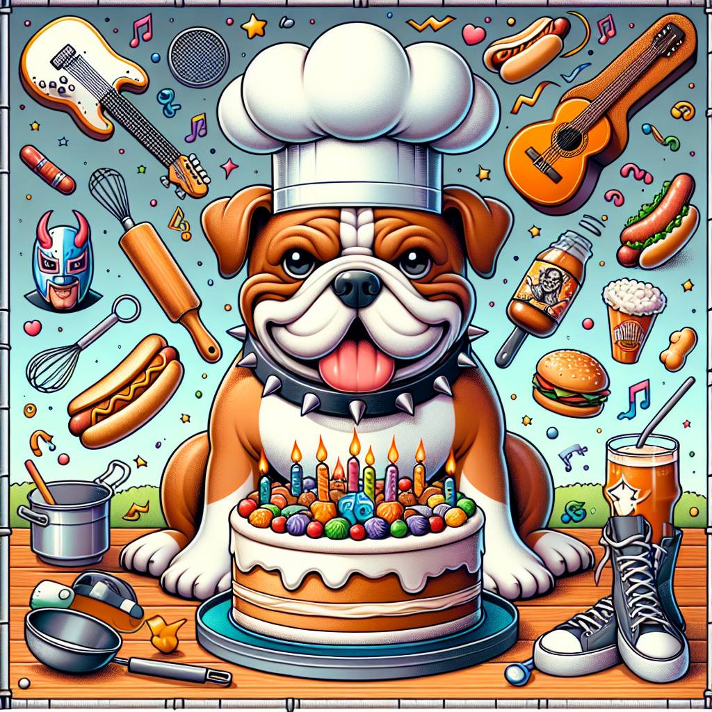 1) Birthday AI Generated Card - Brown and white American bulldog , Cooking, Rock music , Food, and Wrestling  (161c4)
