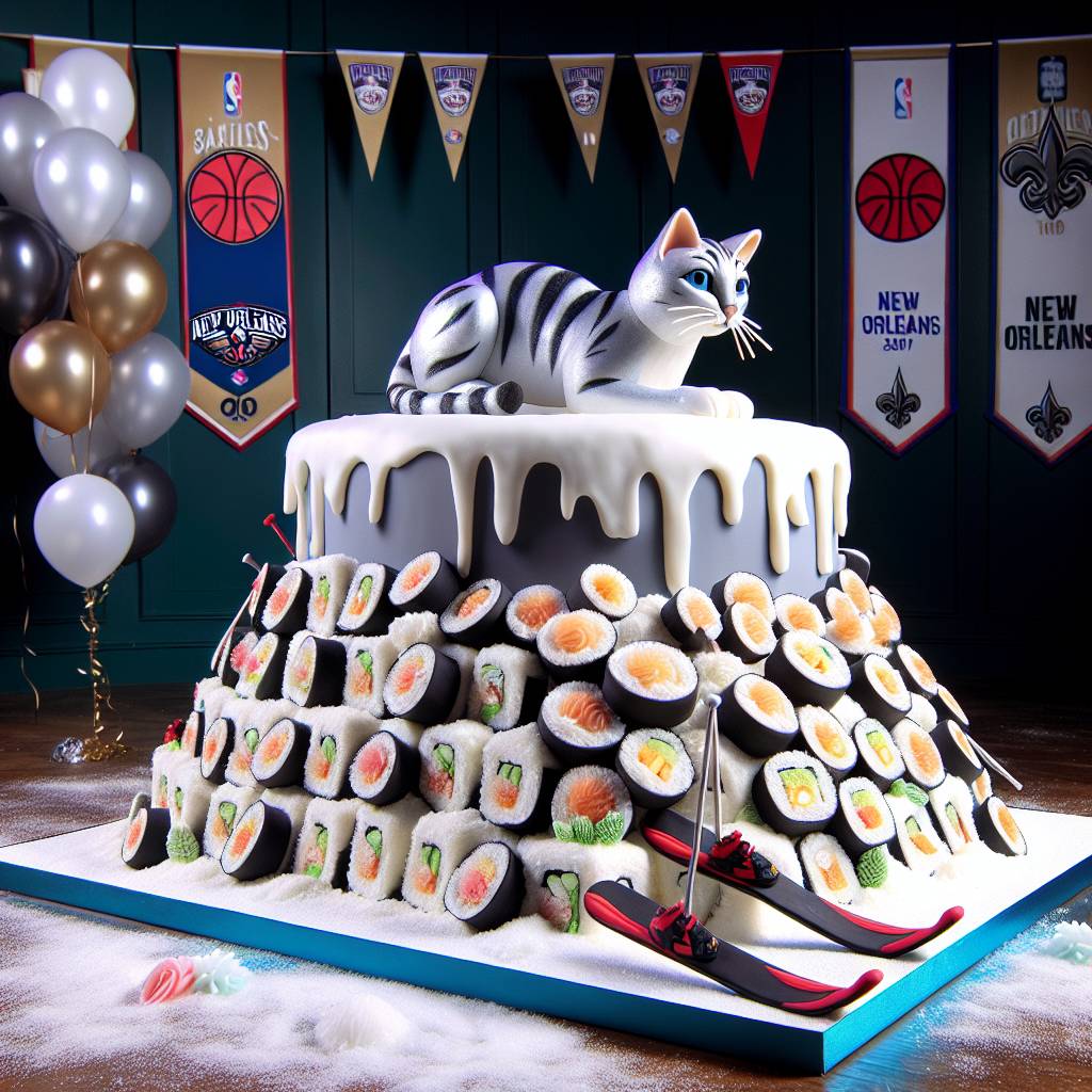 1) Birthday AI Generated Card - NBA, New Orleans Pelicans, Skiing, Silver Bengal cat, and Sushi (bc707)