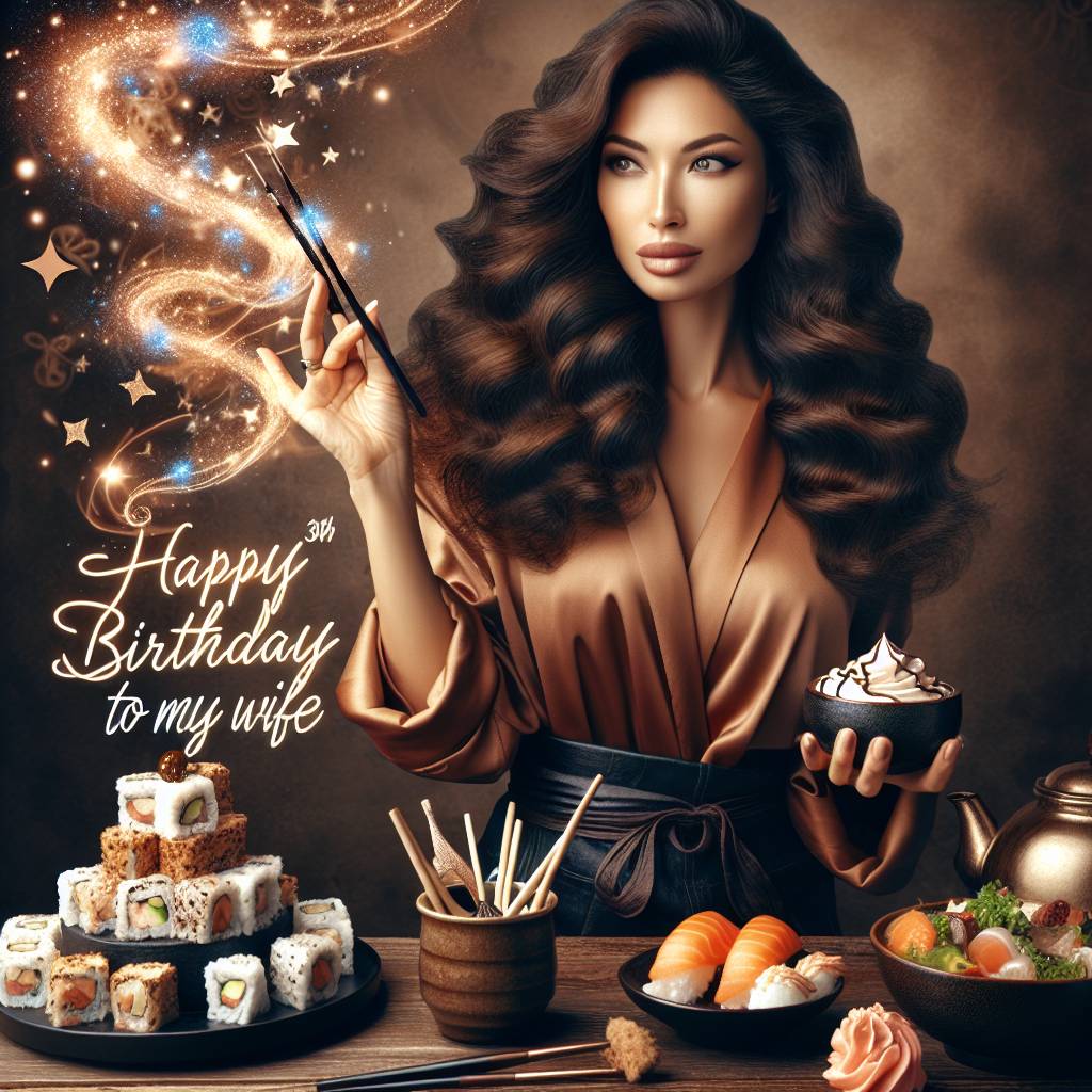 2) Birthday AI Generated Card - Happy 30th Birthday to my wife , Woman with brown curly wavy hair, Hairdresser , Hairdressing , Harry Potter magic, Sushi, and Hot chocolate drinks  (cf21d)