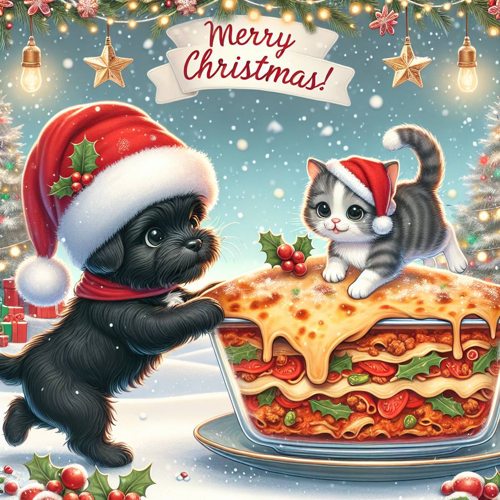 1) Christmas AI Generated Card - Black small dog, Grey and white cat, and Italian food