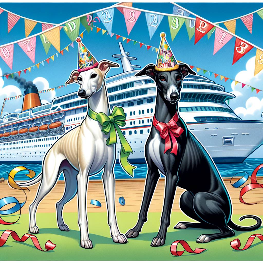 2) Birthday AI Generated Card - White Whippet, Black Whippet, and Cruise (e80fc)
