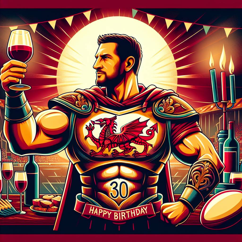 1) Birthday AI Generated Card - 30th birthday, Red wine, Gladiator, Rugby, and Wales (e4958)