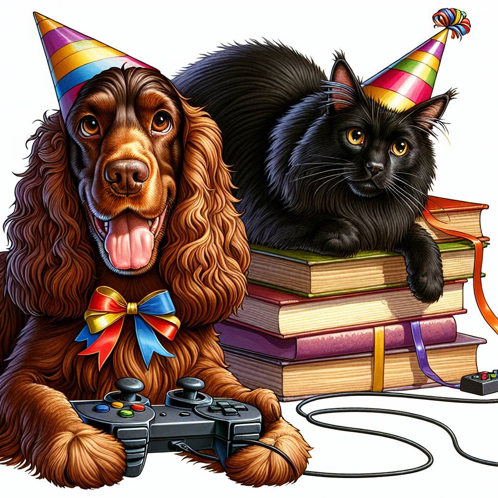 1) Birthday AI Generated Card - Brown working cocker spaniel, Black domestic longhair cat, Gaming, and Reading (7a8a8)