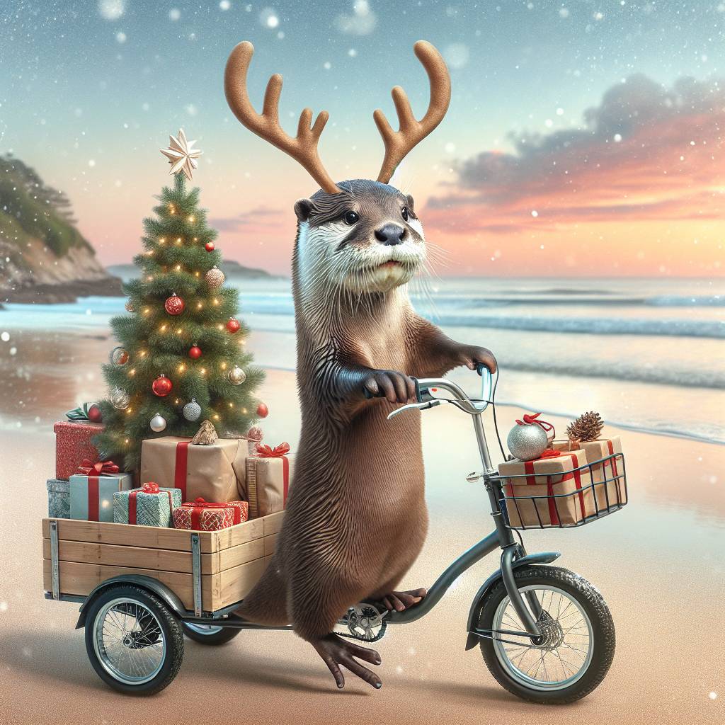 2) Christmas AI Generated Card - Cargo bike, beach, otter (37888)