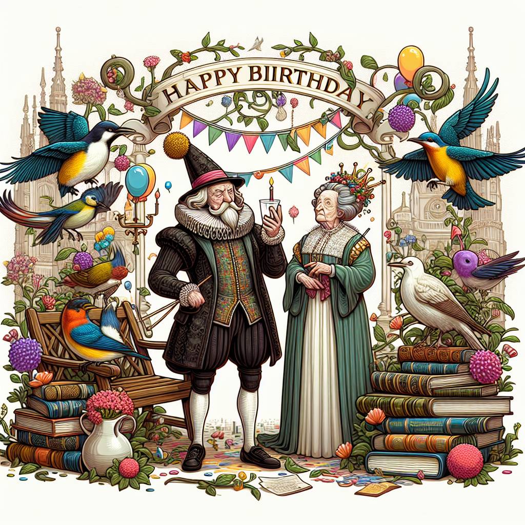 2) Birthday AI Generated Card - British garden birds , Shakespeare, Granny weatherwax , and Books (13452)