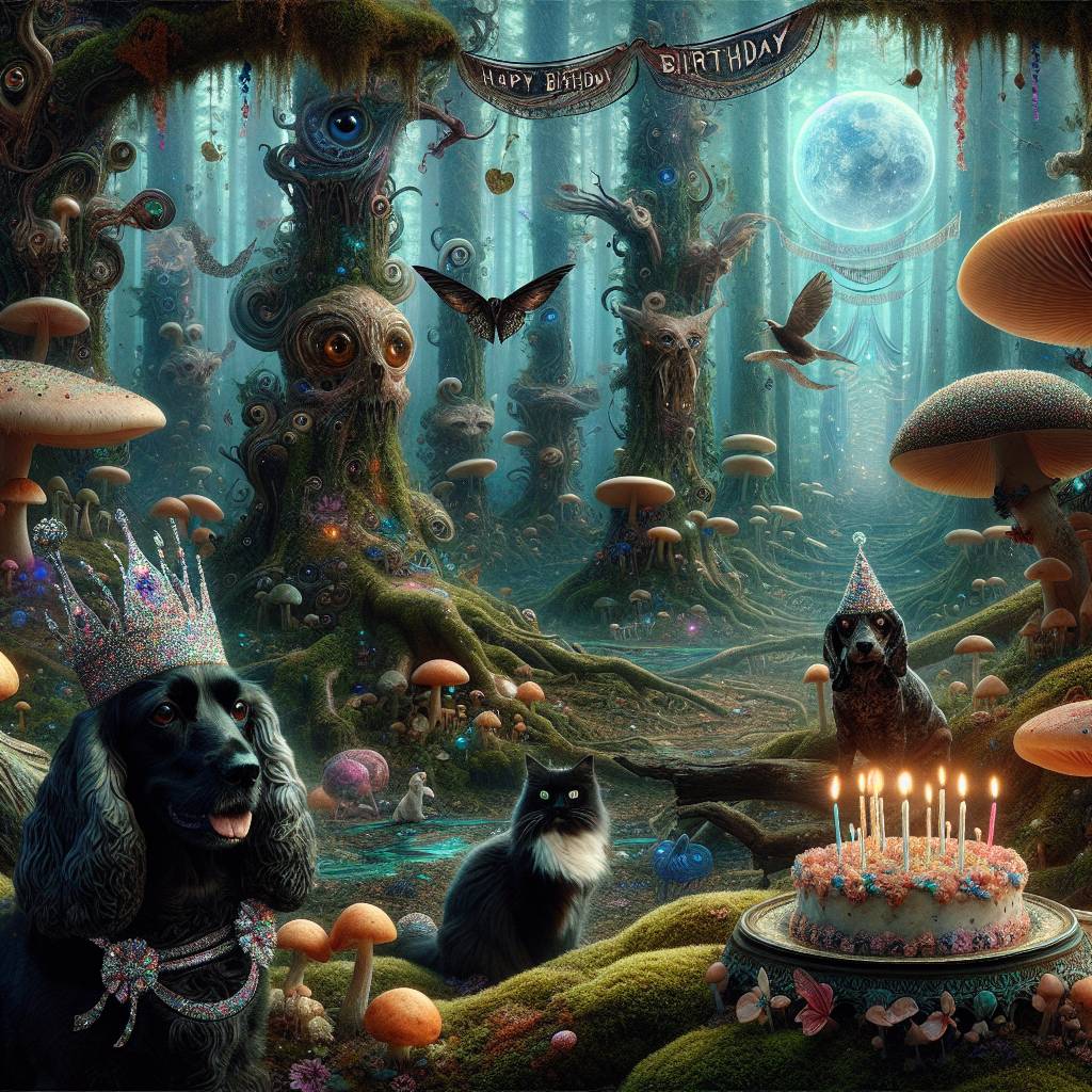 2) Birthday AI Generated Card - Black spaniel , Black and white cat, Forest , Mushrooms , and Music (4c423)