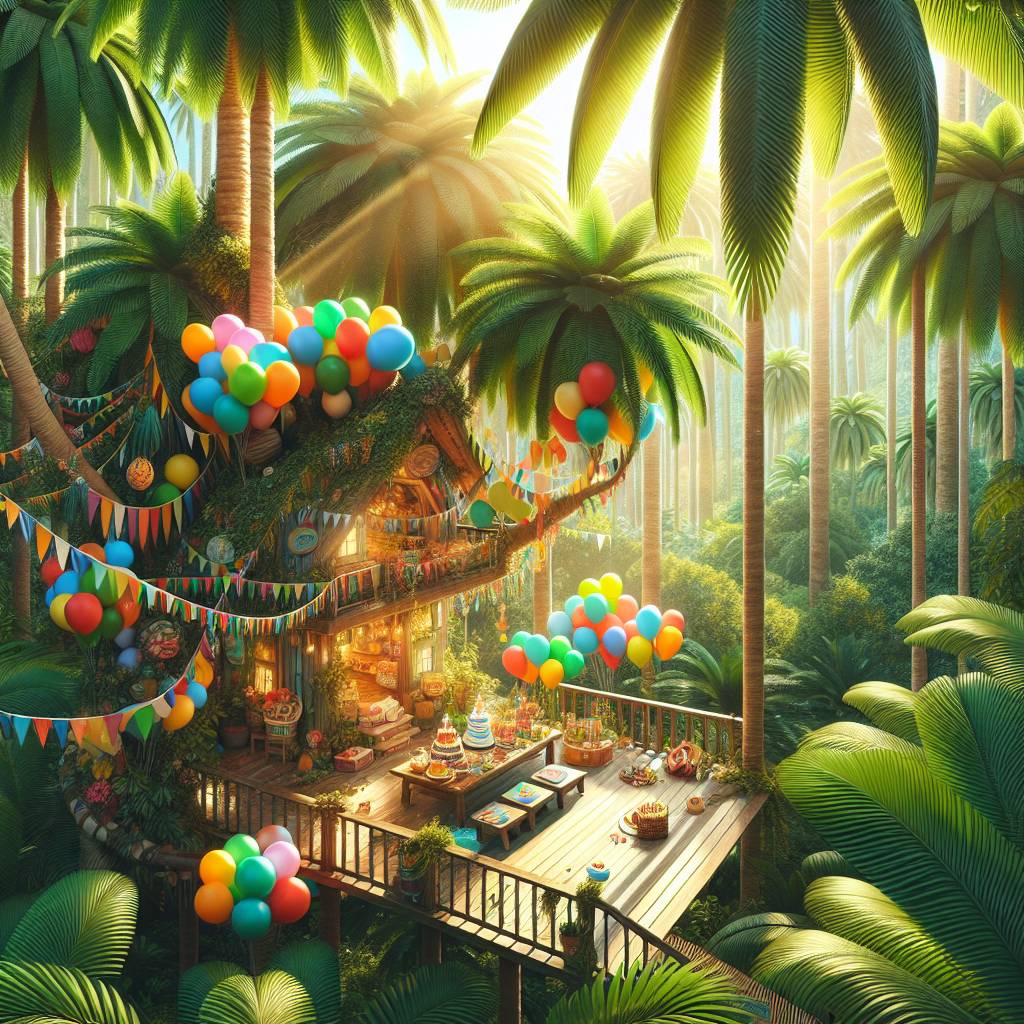 1) Birthday AI Generated Card - Tropical palm trees, and Treehouse (a8f7e)
