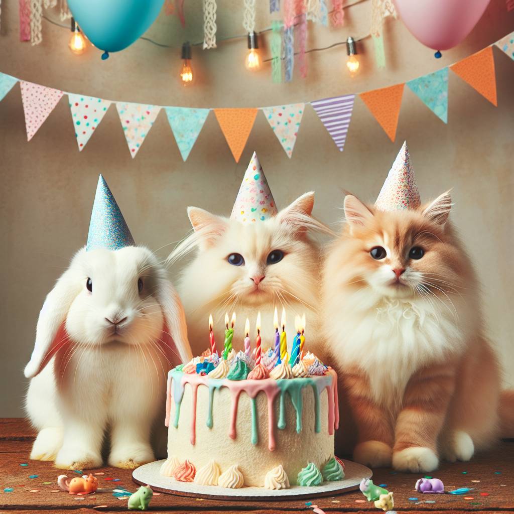2) Birthday AI Generated Card - White lop eared bunny, Fluffy cream cat, Ginger kitten, and Birthday cake (2f8bb)