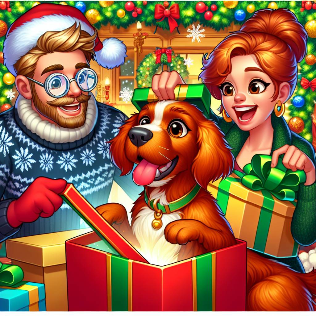 1) Christmas AI Generated Card - Cartoon red Irish setter, Auburn haired beautiful woman with medium long hair, and Handsome brown haired caucasian man with a moustache, a trimmed beard, and silver glasses with round frames (049d5)