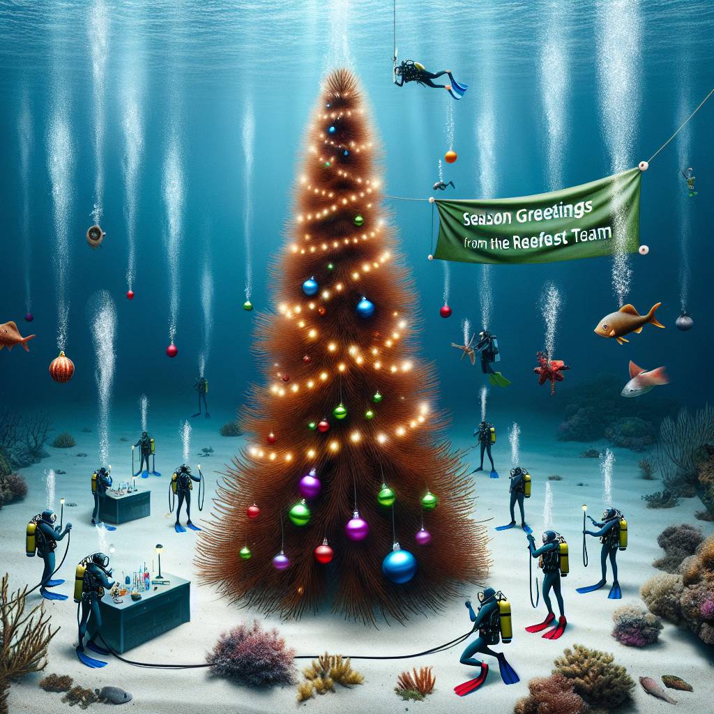 4) Christmas AI Generated Card - Create a Christmas card with the message 'Season Greetings from the REEForest team', Must have a marine life theme. Incorporate brown algae stem as a Christmas tree and some divers that are restoring marine habitat and some researchers in a biology lab studying the algae (1ce5e)