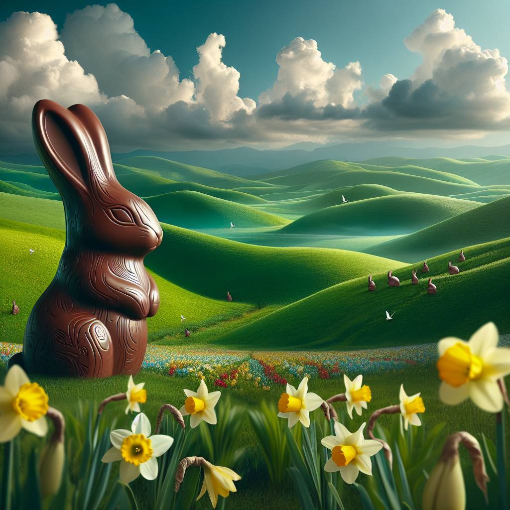 2) Easter AI Generated Card - Chocolate, Rabbits, Green hills, Daffodils, and Tulips (ec3a5)