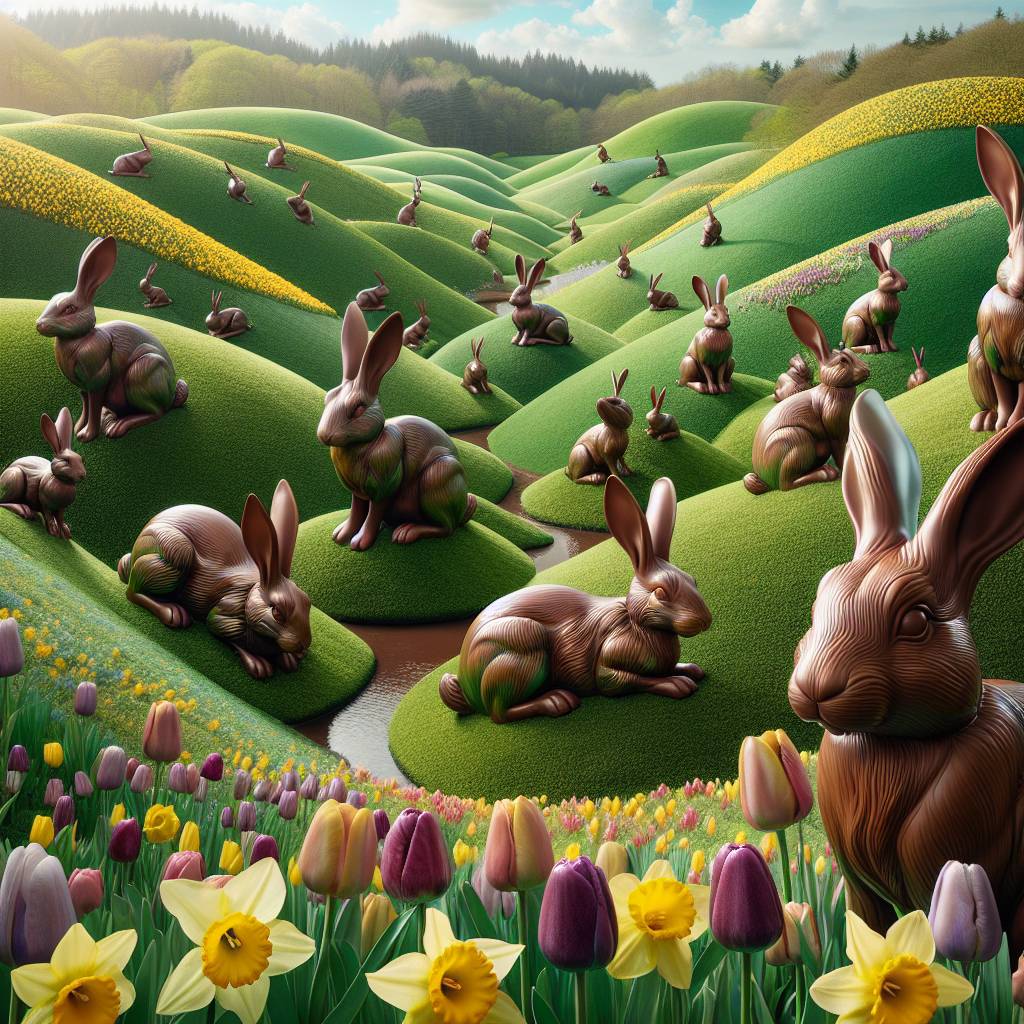 1) Easter AI Generated Card - Chocolate, Rabbits, Green hills, Daffodils, and Tulips (bfe98)