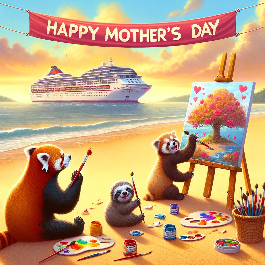 1) Mothers-day AI Generated Card - Cruise, Costa Rica , Red pandas, Sloths, and Painting (1d675)