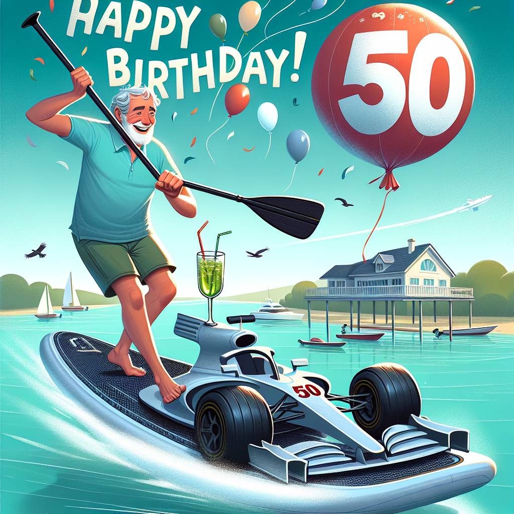 2) Birthday AI Generated Card - F1 golf paddle board 50 Paul (c038a)