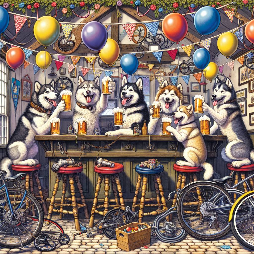 1) Birthday AI Generated Card - Pub, Cider, Bike , Malamute , and Husky  (19a07)