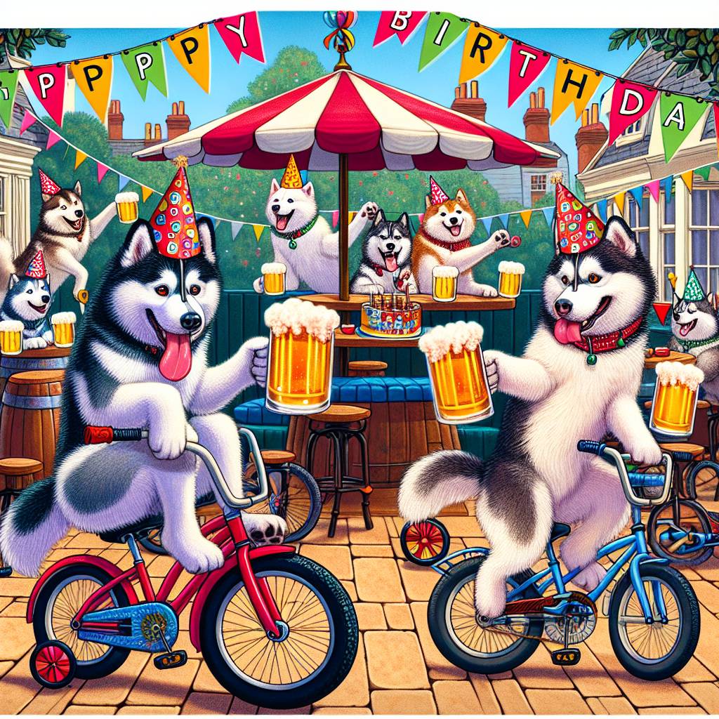 2) Birthday AI Generated Card - Pub, Cider, Bike , Malamute , and Husky  (f1e48)