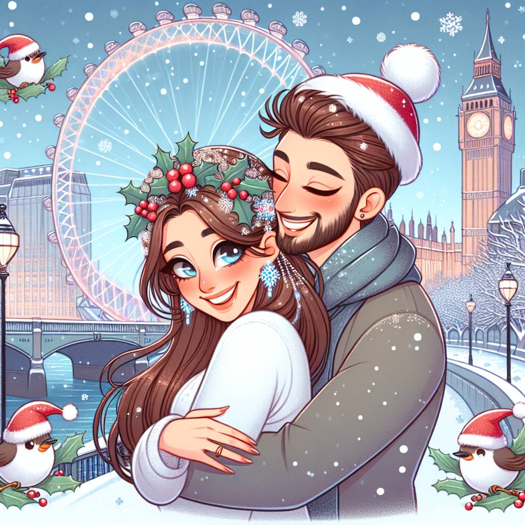 2) Christmas AI Generated Card - Snowy London, White girlfriend with white skin and long brown hair, White boyfriend with white skin and short brown hair, and Brids (60147)