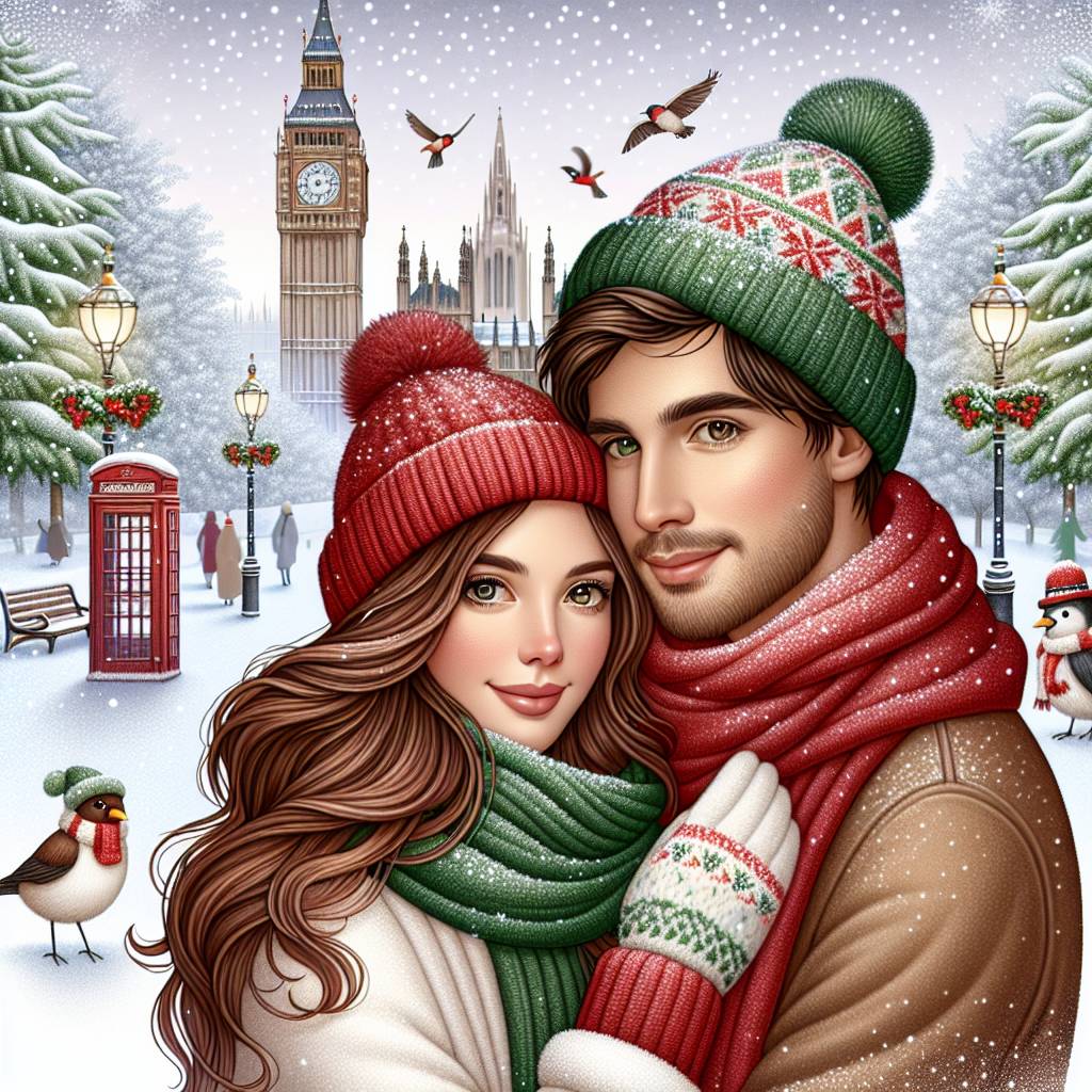 1) Christmas AI Generated Card - Snowy London, White girlfriend with white skin and long brown hair, White boyfriend with white skin and short brown hair, and Brids (8a9aa)