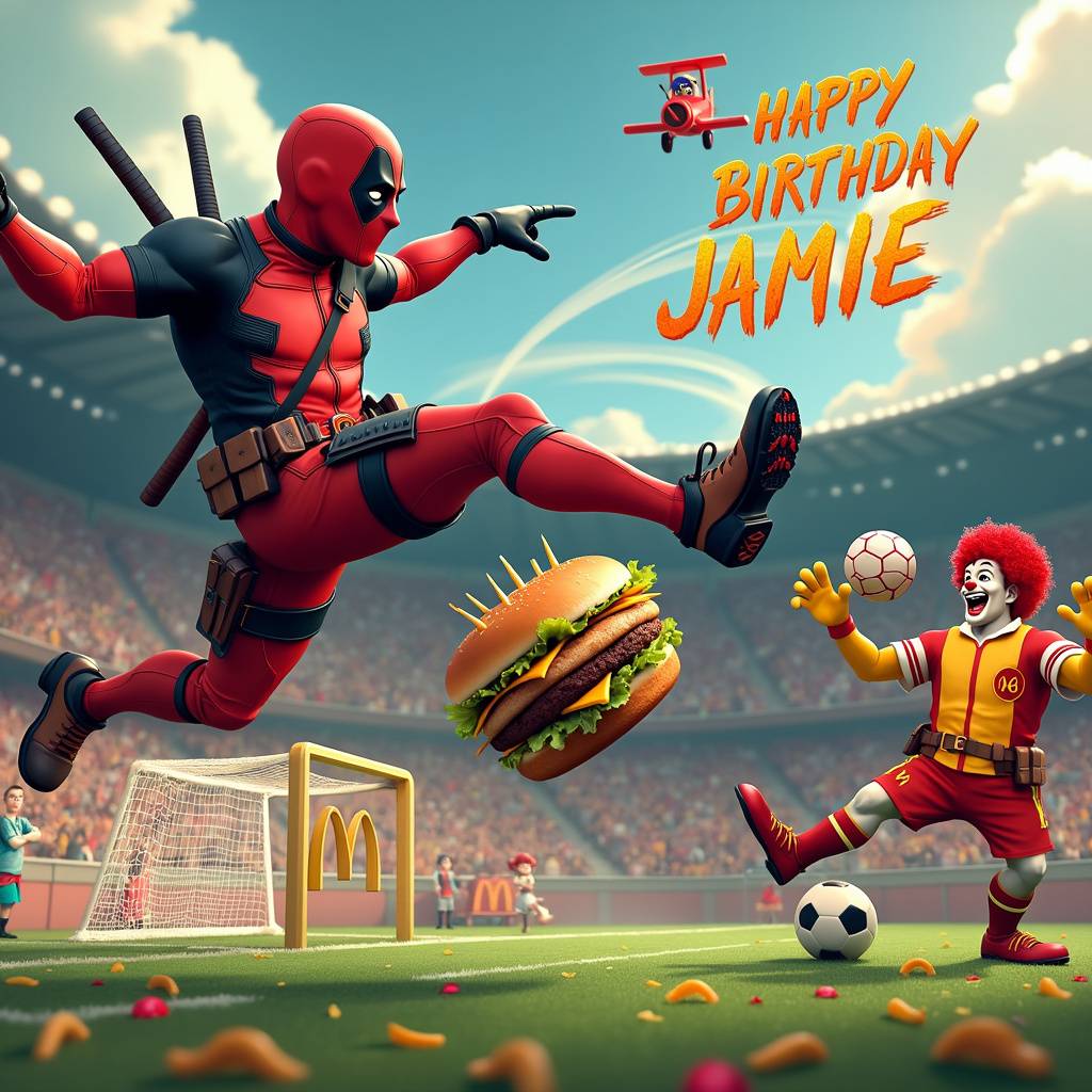 2) Birthday AI Generated Card - Deadpool, Soccer, and Mcdonalds (ce9d6)