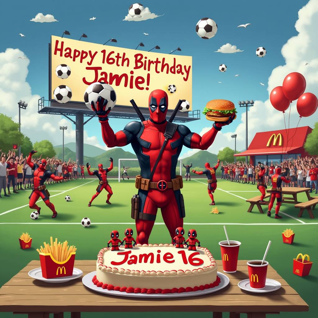 1) Birthday AI Generated Card - Deadpool, Soccer, and Mcdonalds (87299)