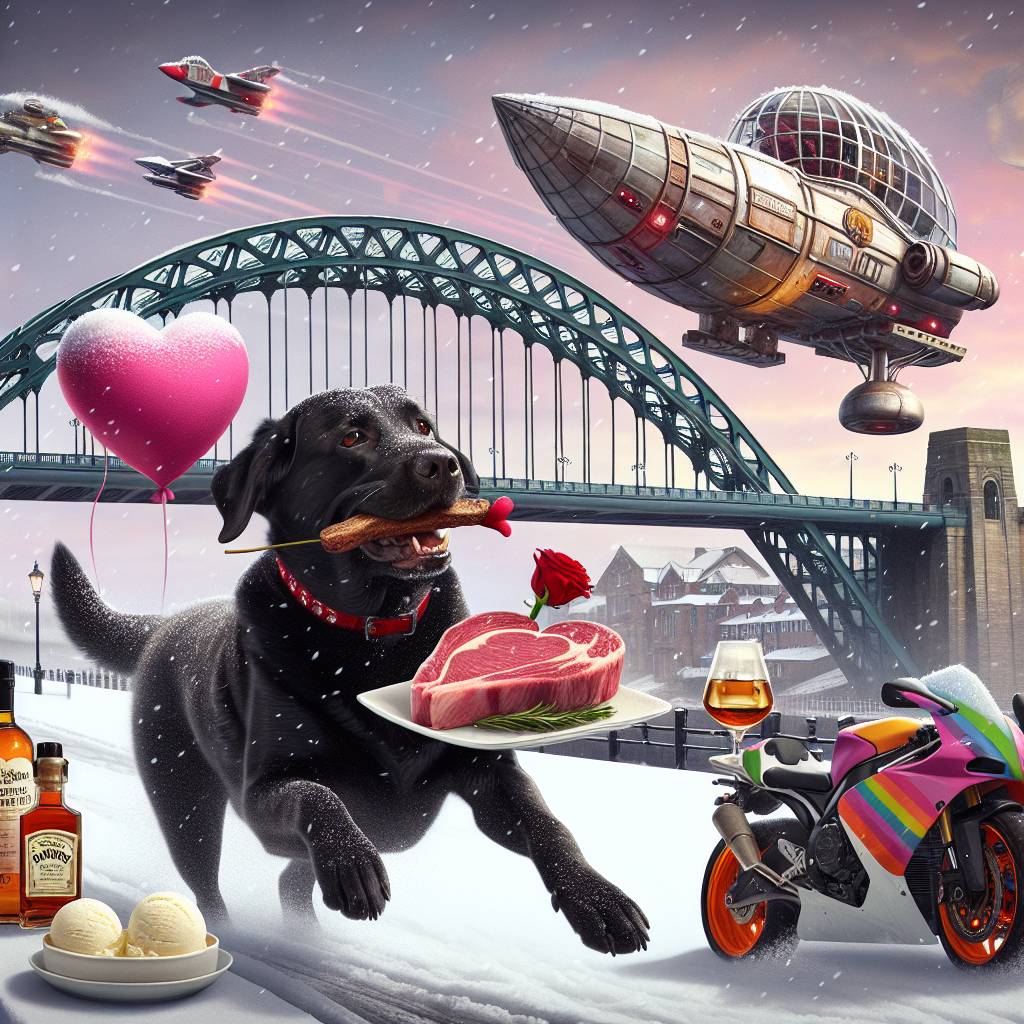 2) Valentines-day AI Generated Card - Black Labrador riding a sports motorbike, Tyne bridge, Heart shaped steak, Whiskey, Romantic, Snow, Vanilla ice cream, and Star Wars X Wing (66b99)