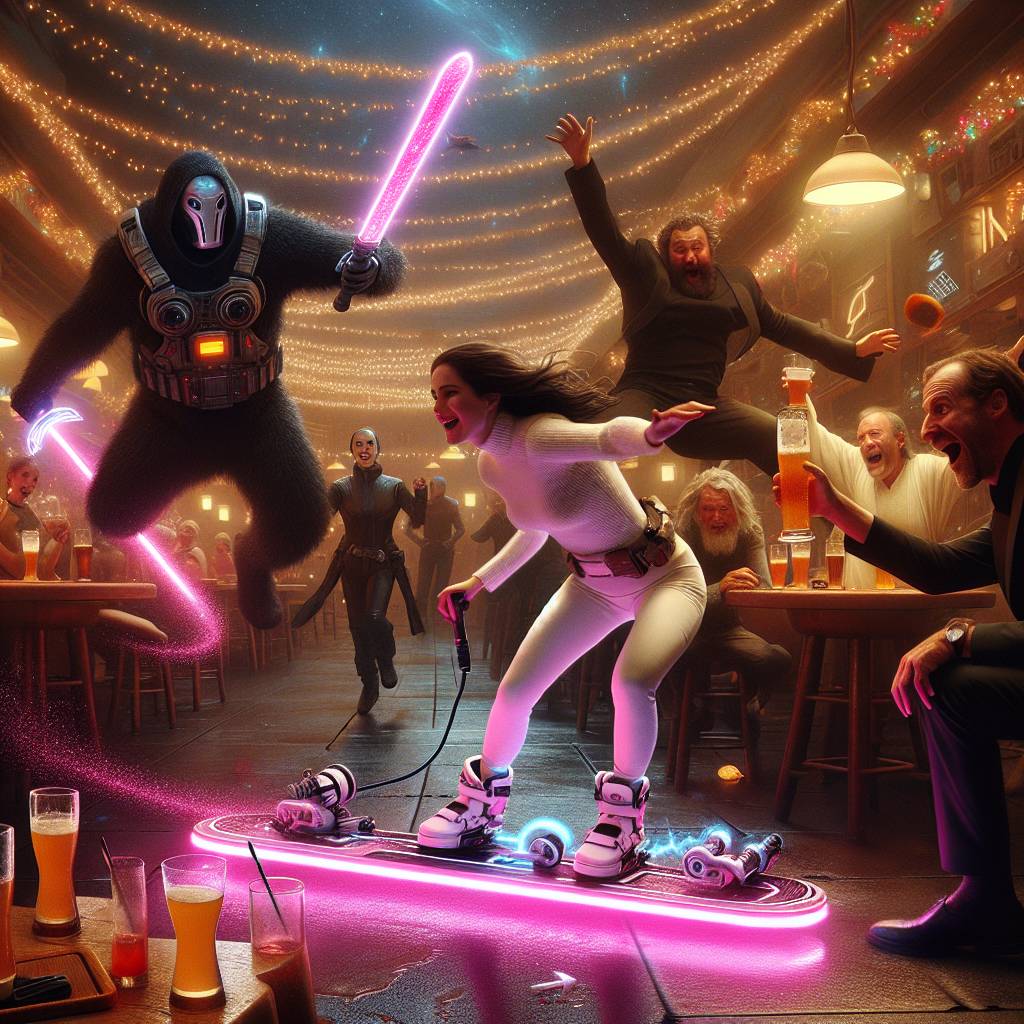 2) Christmas AI Generated Card - Darth vader on a hoverboard chasing princess leia who is also on a hoverboard , Inside a bar abroad , Being watched by rowdy men drinking pints and laughing, and Darth vader has a large pink lightsaber (9e712)